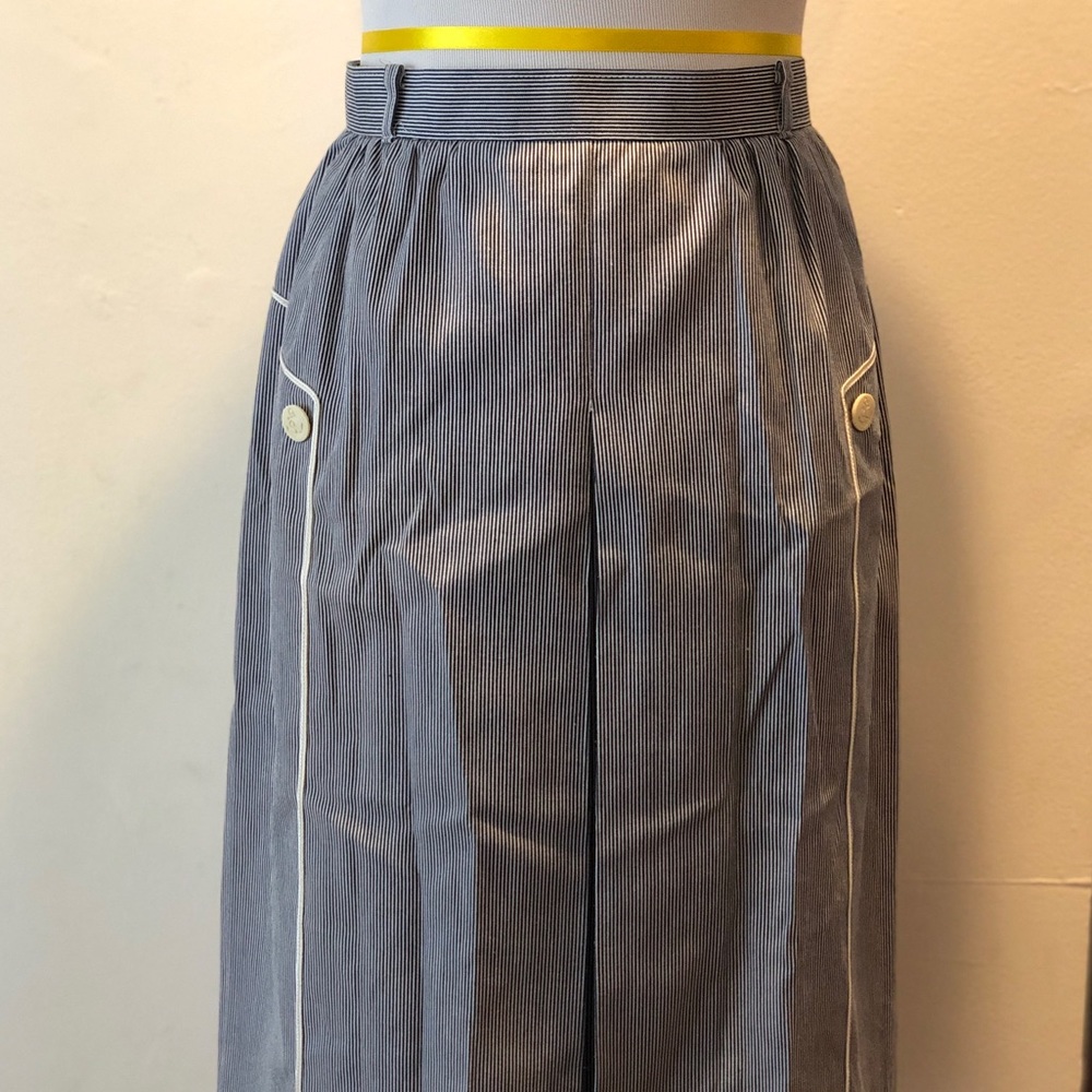 Vintage Midi Sailor Skirt Inverted Pleat Navy Railroad Stripe